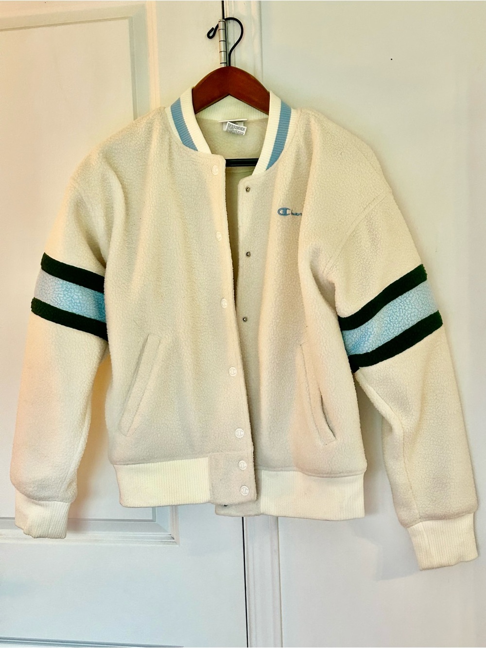 NWOT Champion women’s Cream Sherpa Bomber Jacket with Green & Light Blue Stripes